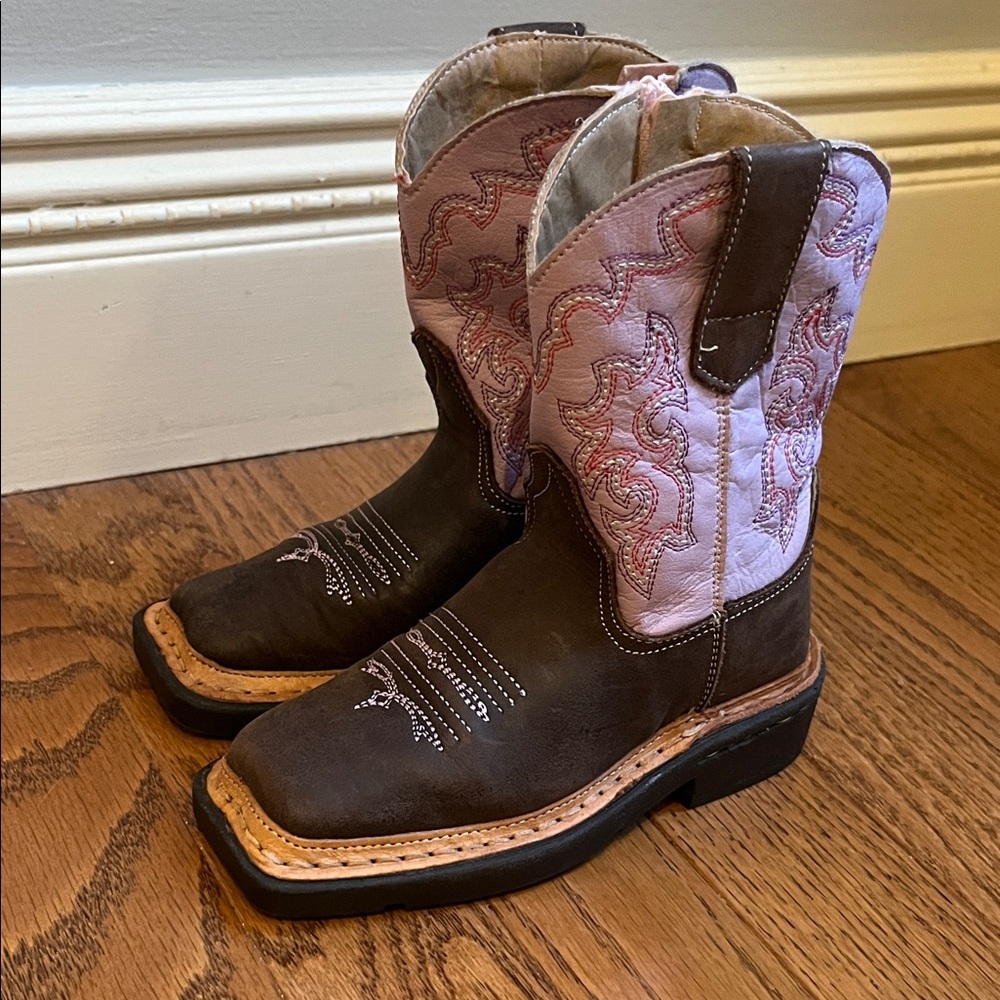 ROPER PINK AND BROWN LEATHER GIRLS WESTERN BOOTS SIZE 7